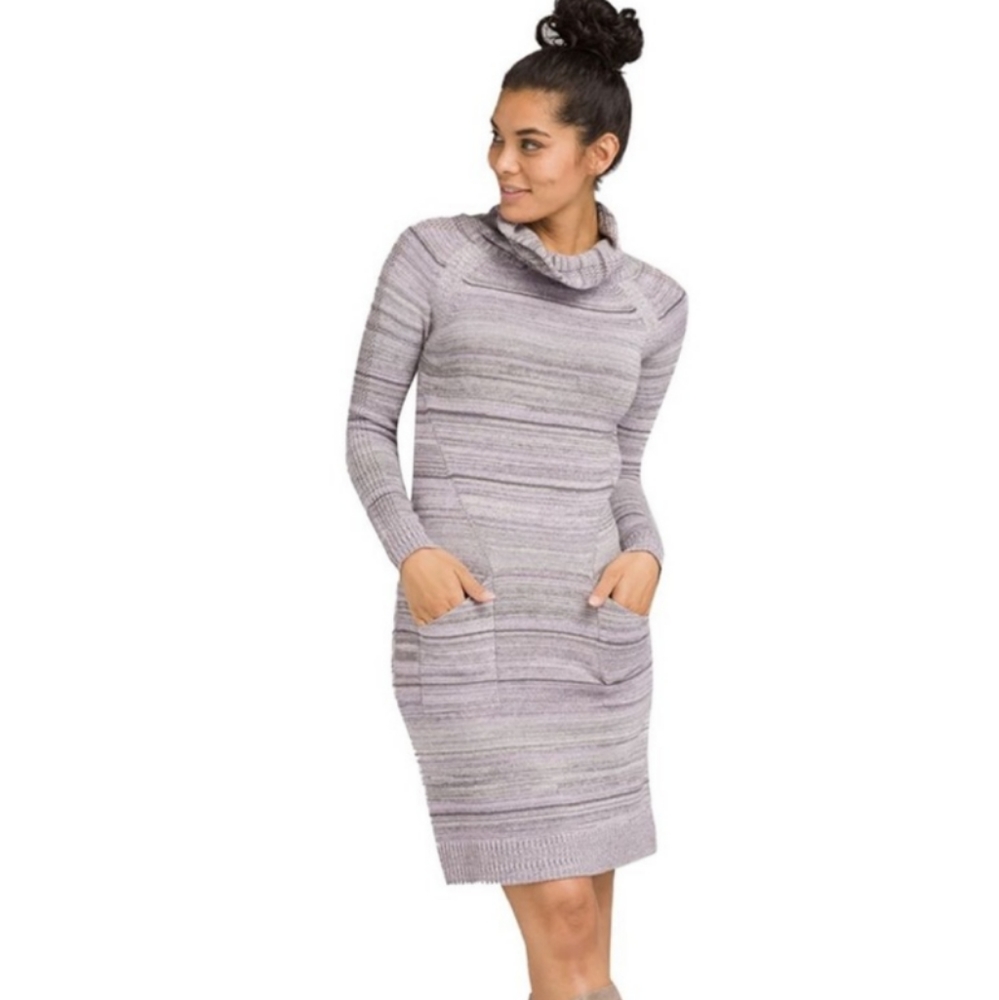 Prana Women's grey purple Cowl Neck Bisque Sweater Dress. Wool with pockets in t